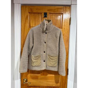 Alex Mill High Pile Fleece Jacket Beige Natural Corduroy Trim Patch Pocket